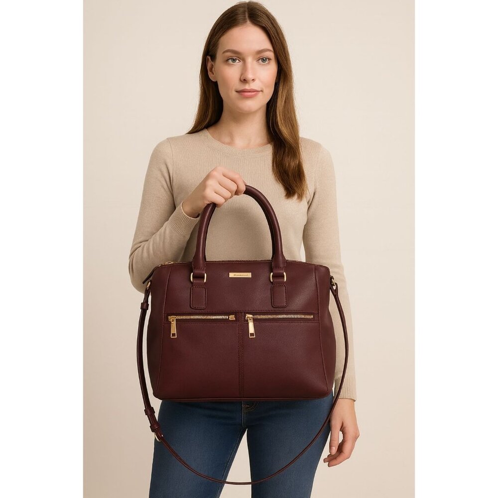Nine West 15" x 9" x 4" Burgundy Tote Bag With Dual Handles & Adjustable Strap